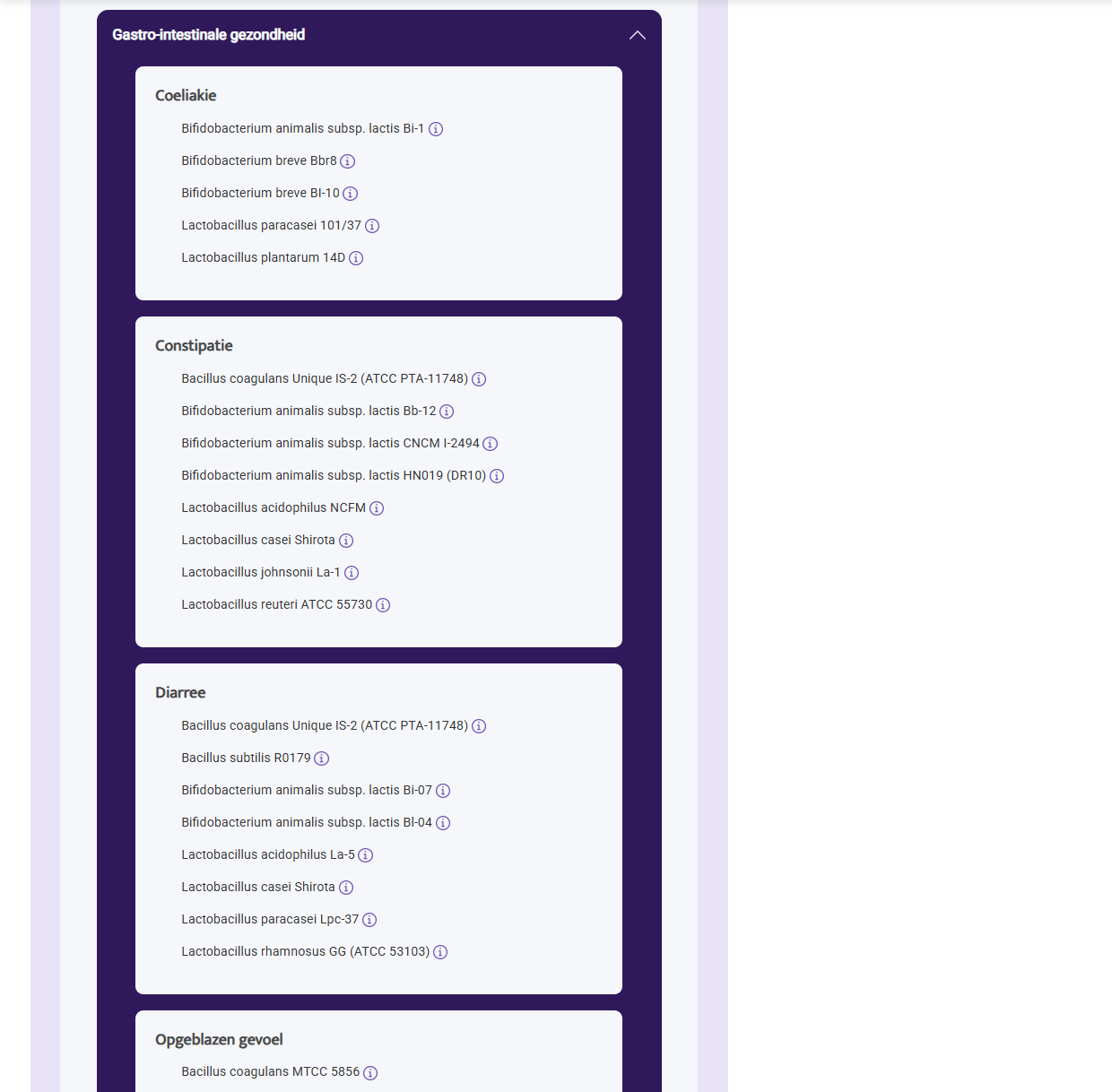 Personalised Supplement Advice screen showing detailed probiotic strains for gastrointestinal health by InnerBuddies