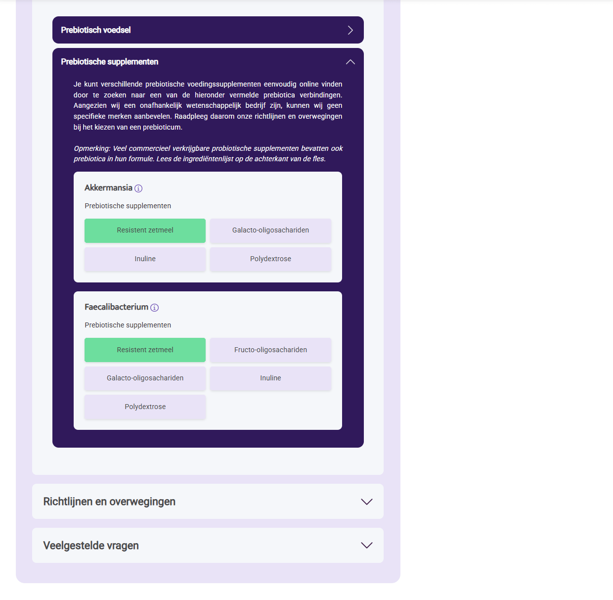 Screen showing personalised supplement advice interface with prebiotic supplements details by InnerBuddies