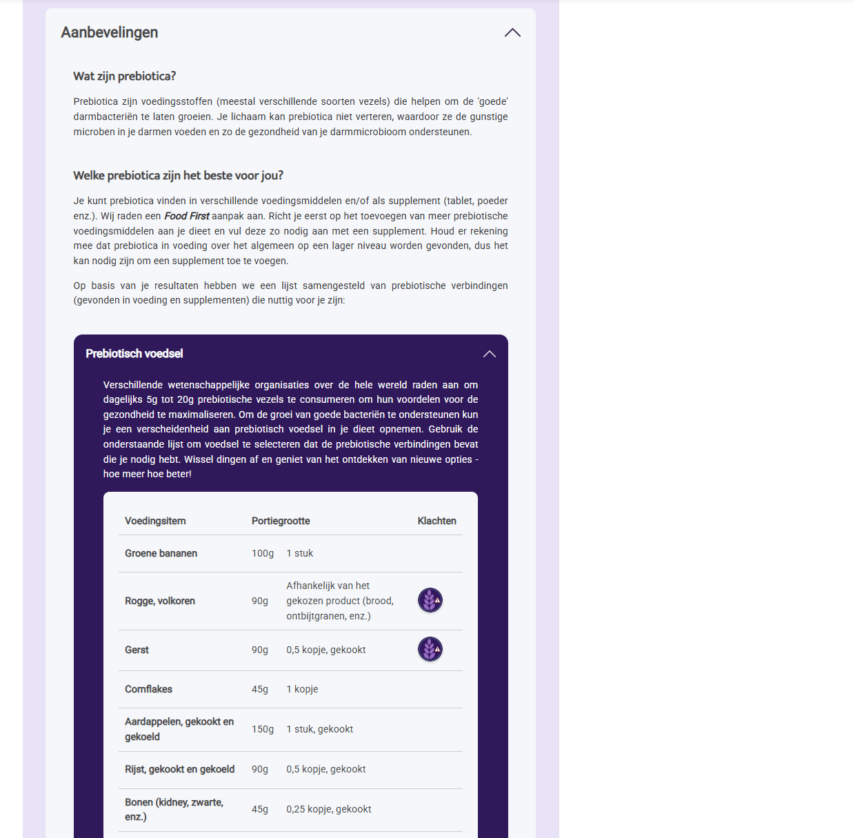 Personalised Supplement Advice webpage showing detailed prebiotic food recommendations and their benefits