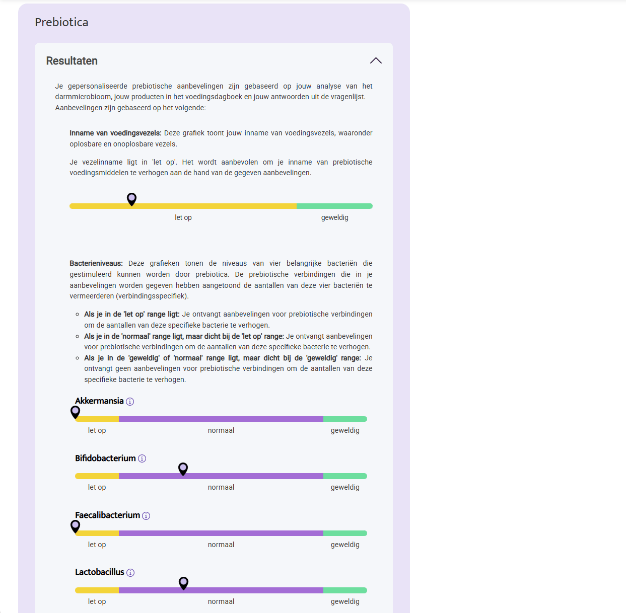 Personalised Supplement Advice dashboard showing prebiotic intake and bacteria levels by InnerBuddies