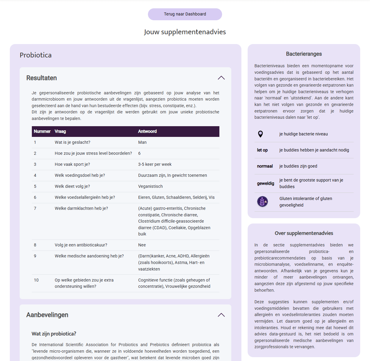 Personalised Supplement Advice dashboard showing probiotic recommendations and bacteria ranges by InnerBuddies