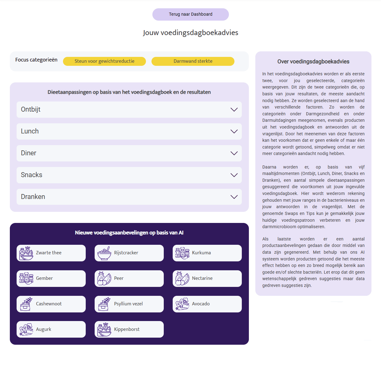 Dashboard interface showing personalized dietary advice and meal category selections for gut microbiome test subscription