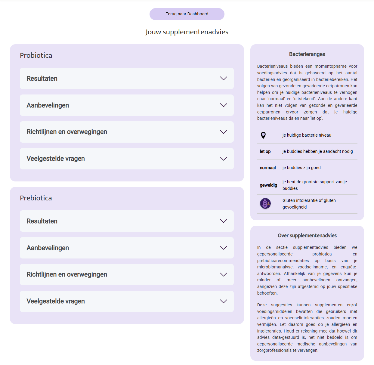 Gut microbiome test subscription results and recommendations dashboard showing probiotics and prebiotics advice