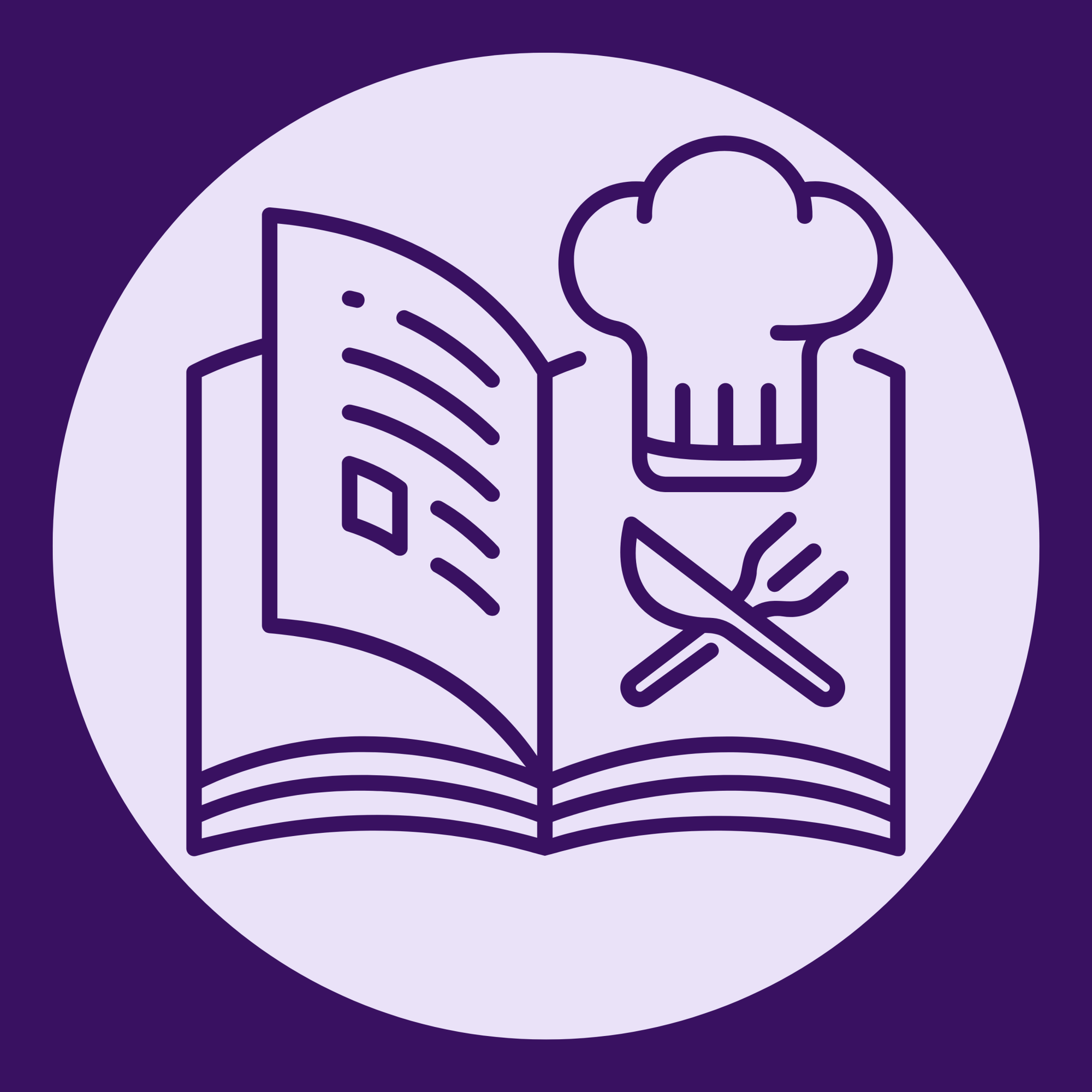 Icon of open cookbook with chef hat and utensils representing Noory Meal Plan and Recipe platform