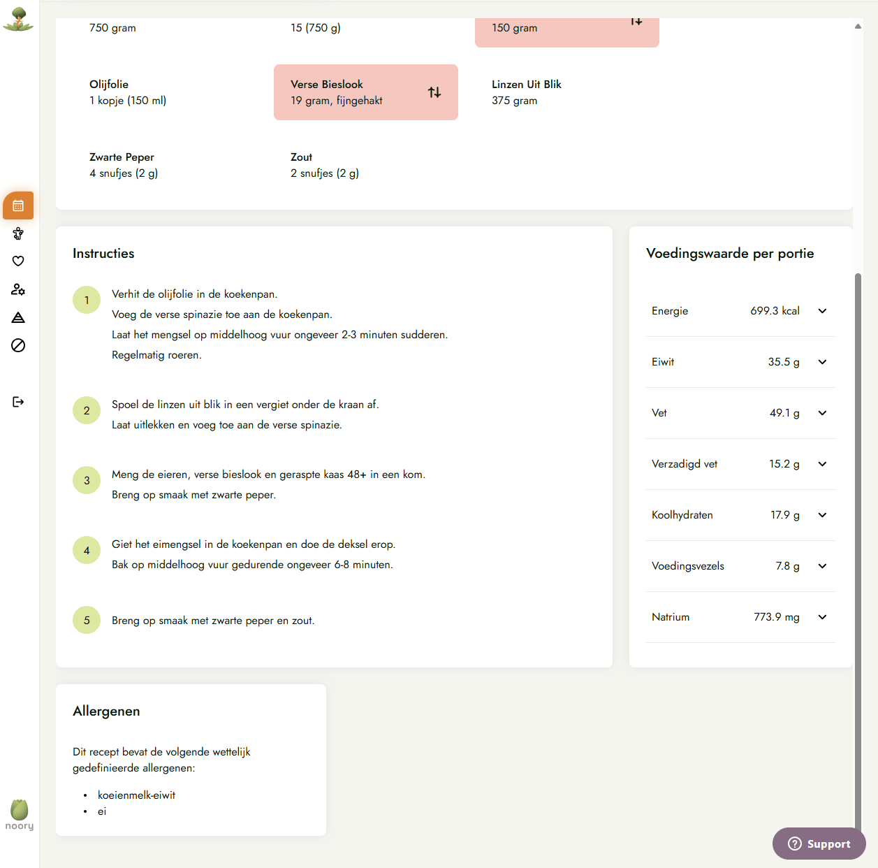 Noory Meal Plan and Recipe platform displaying cooking instructions nutritional values and allergen information