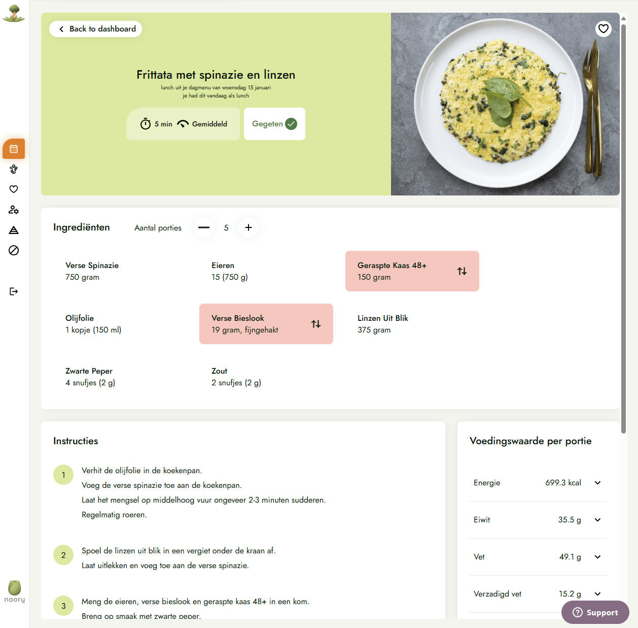 Noory Meal Plan and Recipe platform showing a spinach and lentil frittata recipe with ingredients and nutrition details