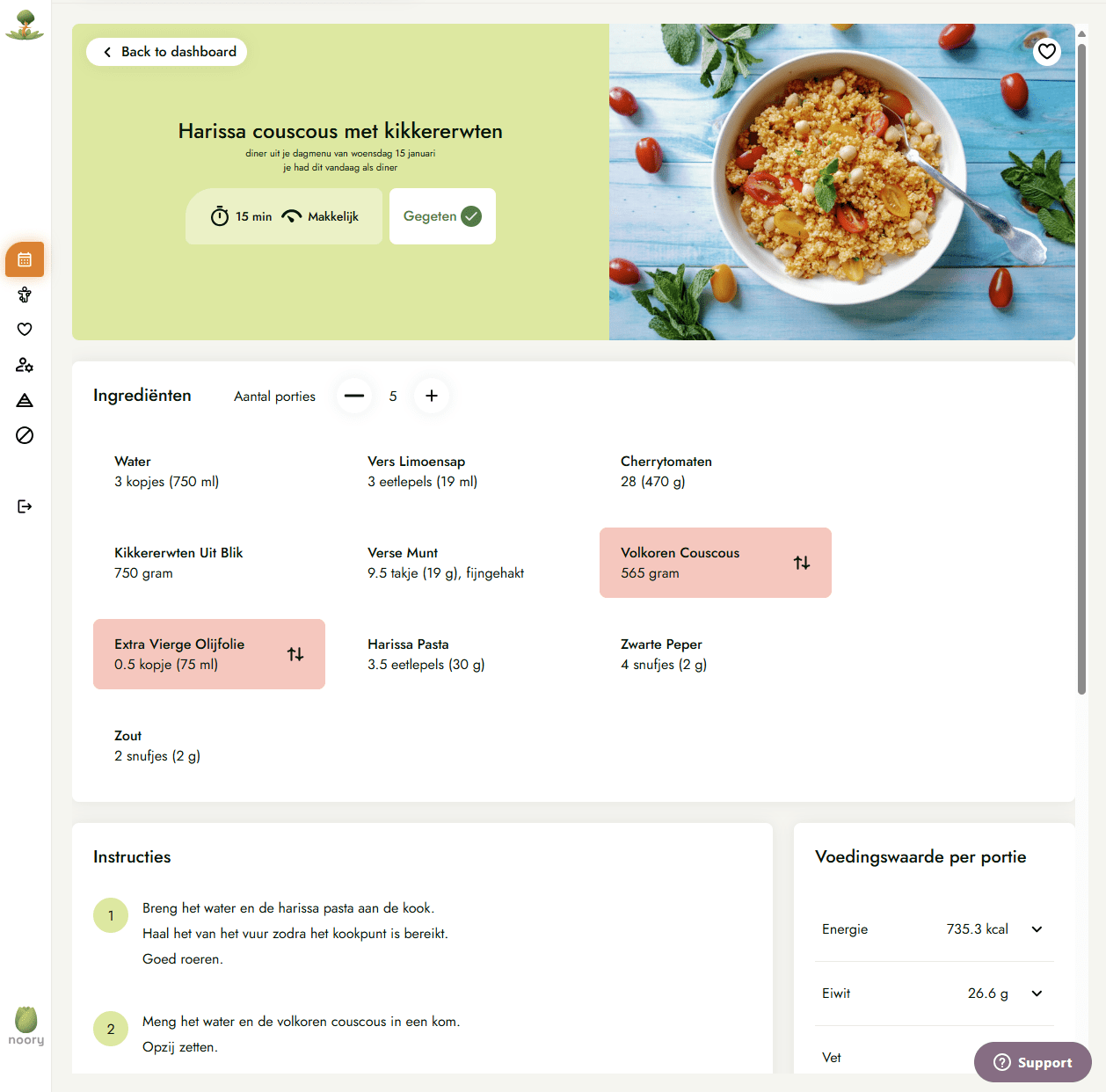 Noory Meal Plan and Recipe platform showing Harissa couscous recipe with ingredients and cooking instructions
