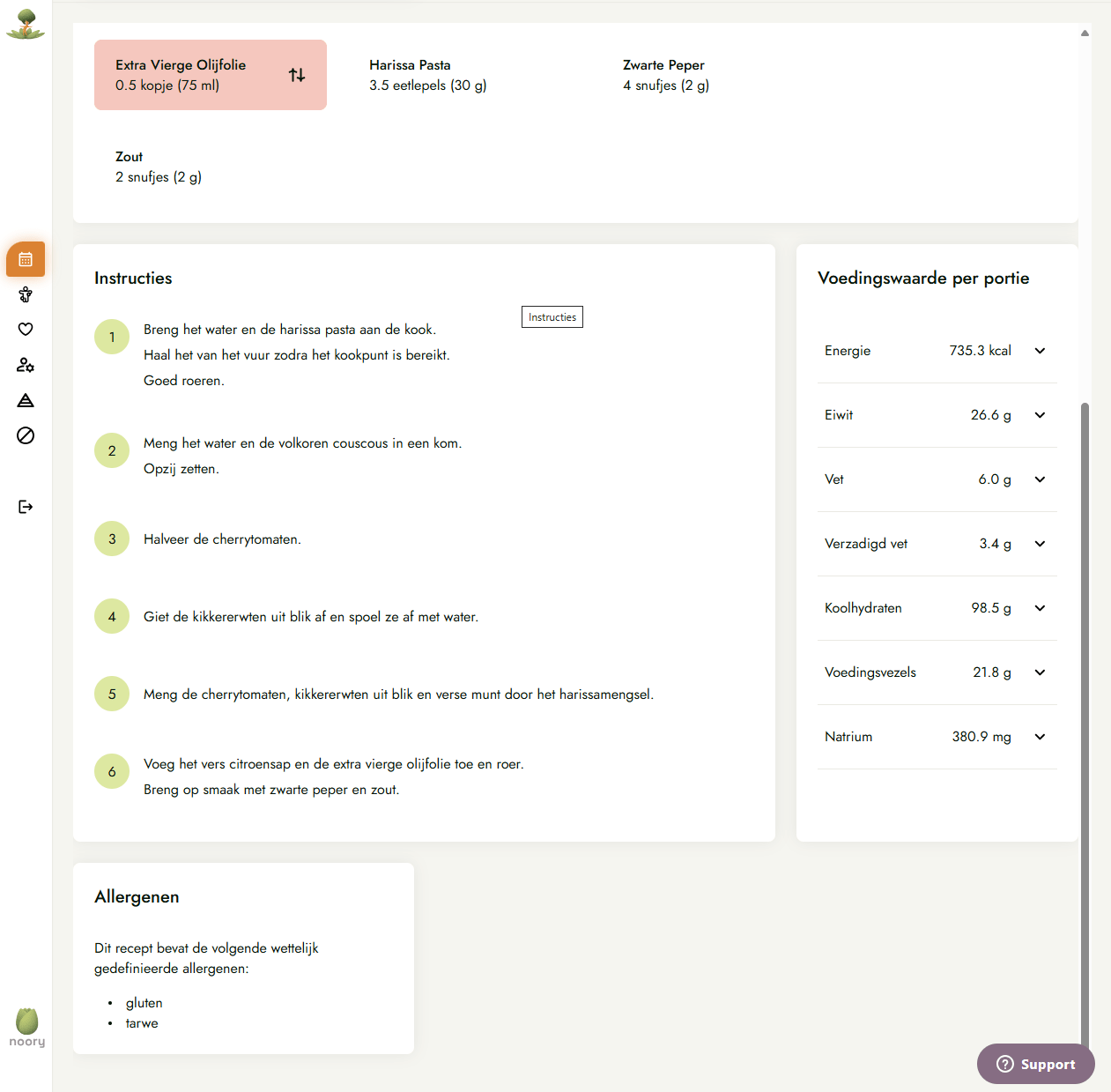 Noory Meal Plan and Recipe platform displaying detailed recipe instructions ingredients and nutrition facts
