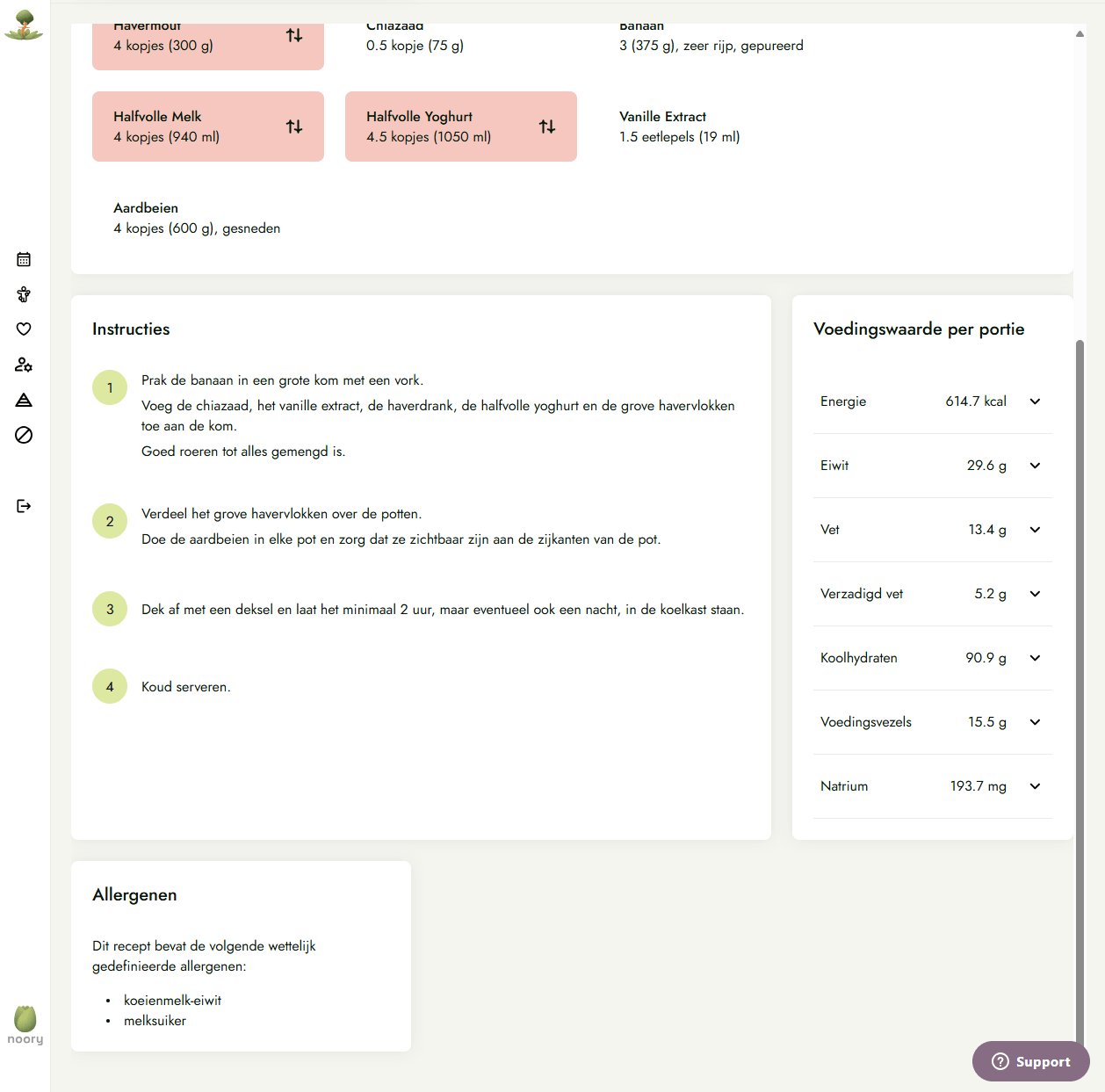 Noory Meal Plan and Recipe platform displaying recipe instructions and nutritional values for healthy meal preparation