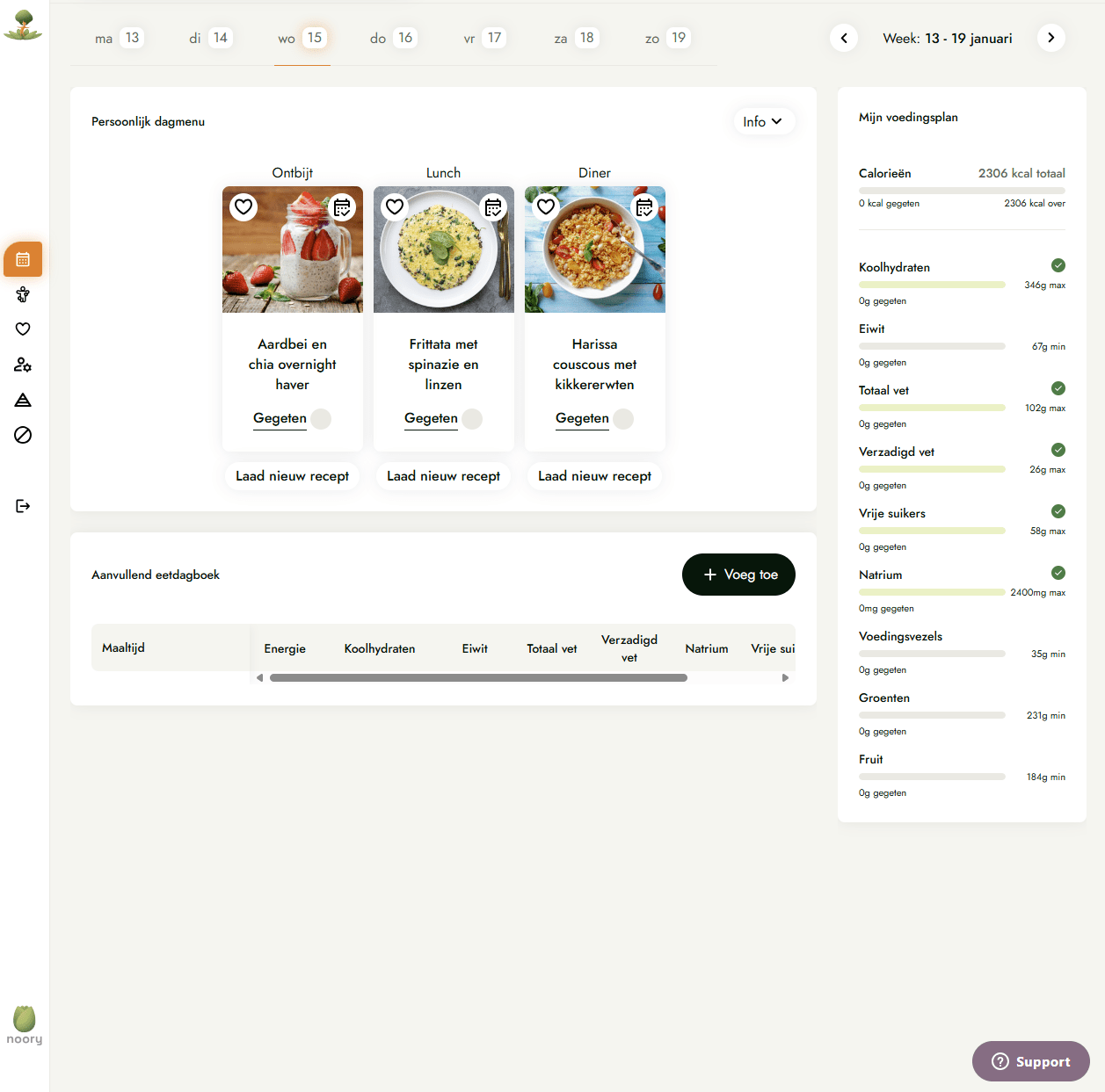 Noory Meal Plan and Recipe platform showing daily personalized meals and detailed nutrition breakdown