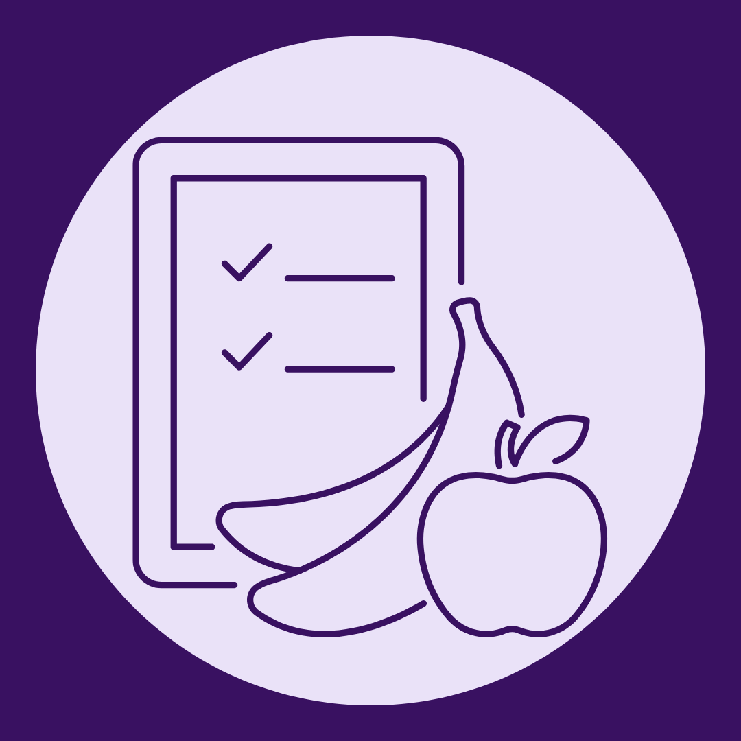 Personalised Food Diary Advice icon with checklist and fruits banana and apple on purple background