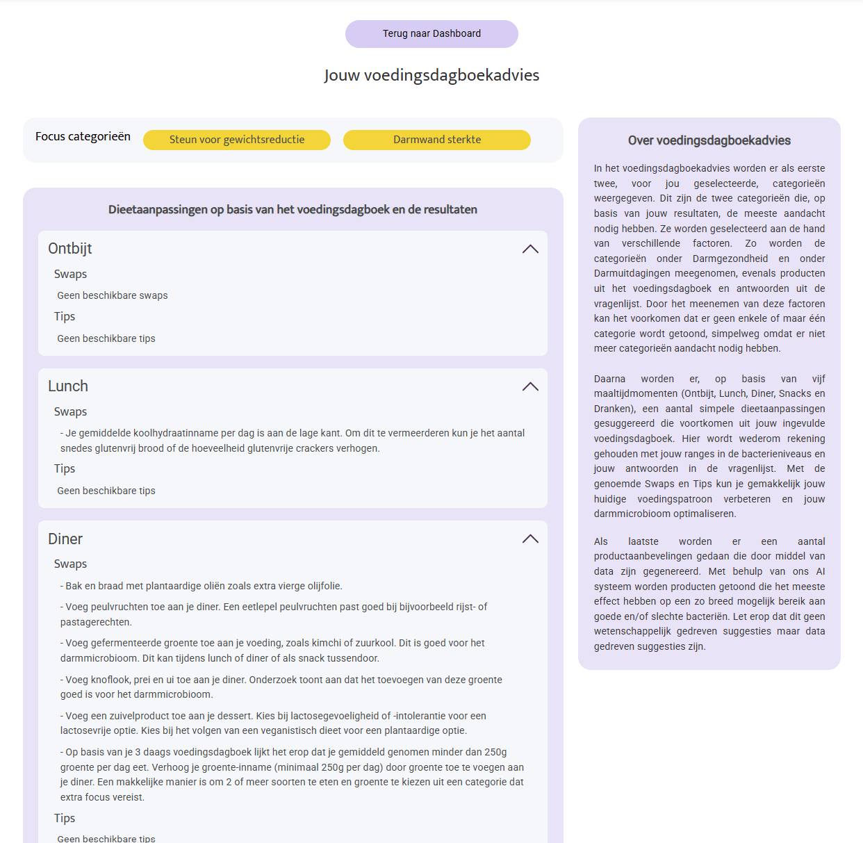 InnerBuddies personalised food diary advice dashboard showing diet adjustments for breakfast lunch and dinner