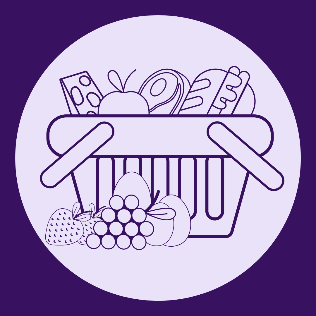 Illustration of a grocery basket filled with fruits and bread representing Personalised Nutrition Advice