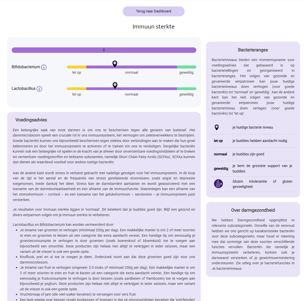 InnerBuddies personalized nutrition advice dashboard showing immune strength and bacterial levels for personalized nutrition advice