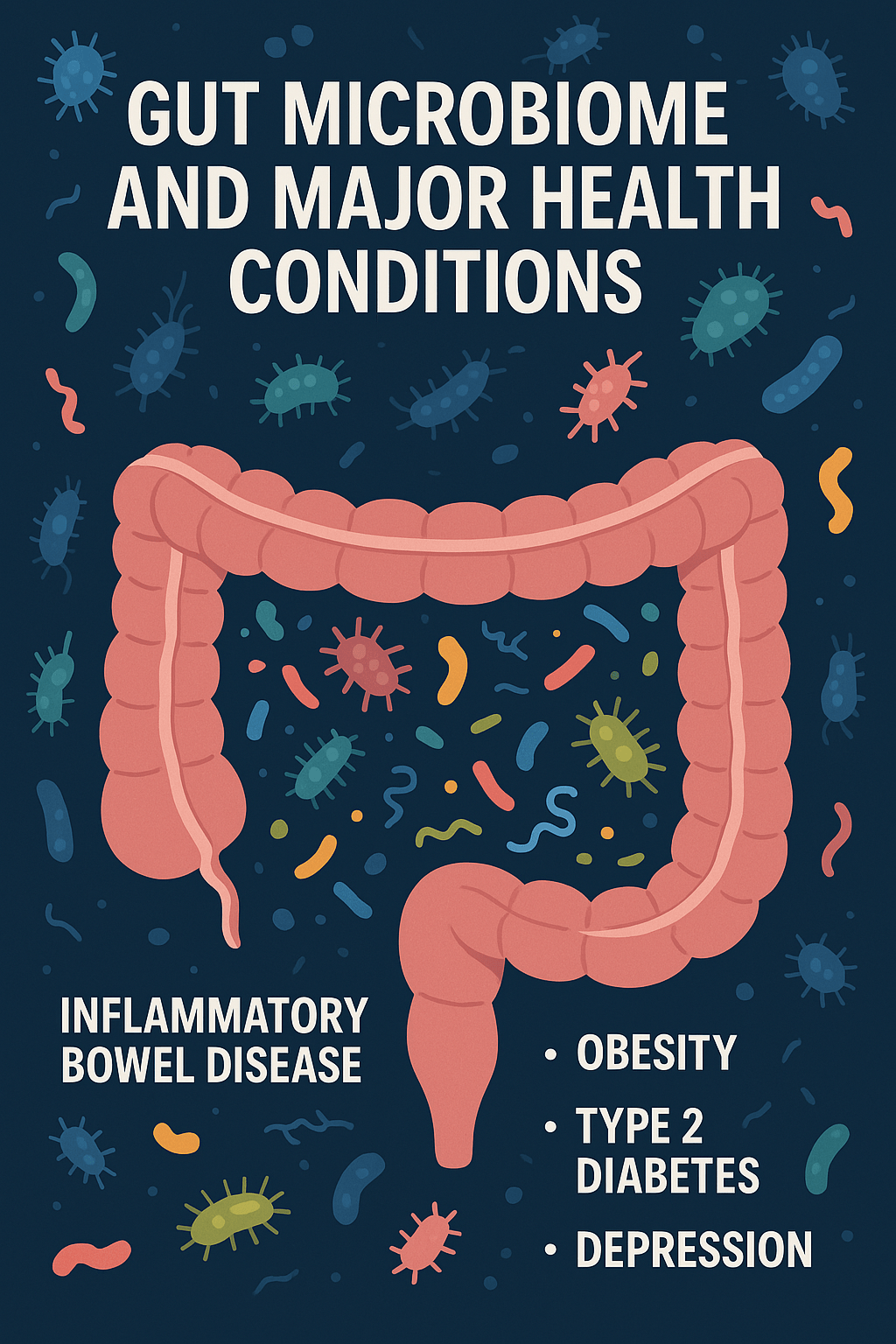 Illustration of gut microbiome with bacteria highlighting health conditions like inflammatory bowel disease obesity type 2 diabetes and depression