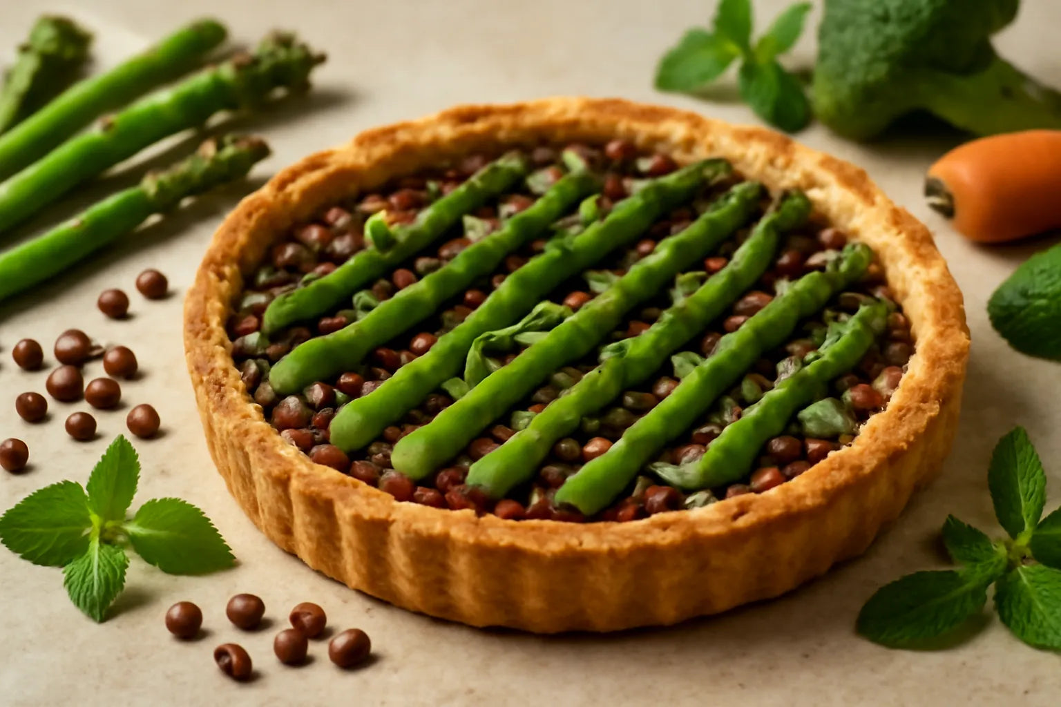 Tarte au levain aux haricots azuki et asperges avec menthe