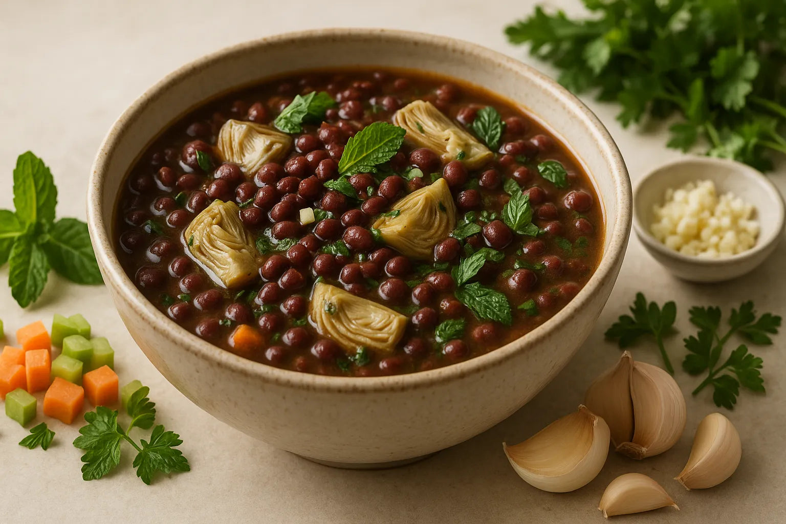 Adzuki Bean Artichoke Stew with Garlic and Mint