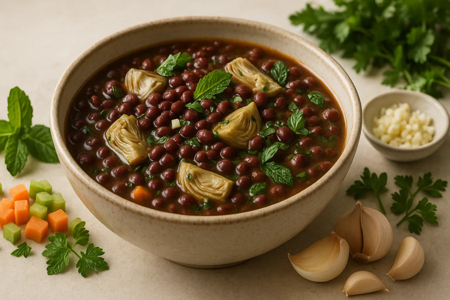 Adzuki Bean Artichoke Stew with Garlic and Mint