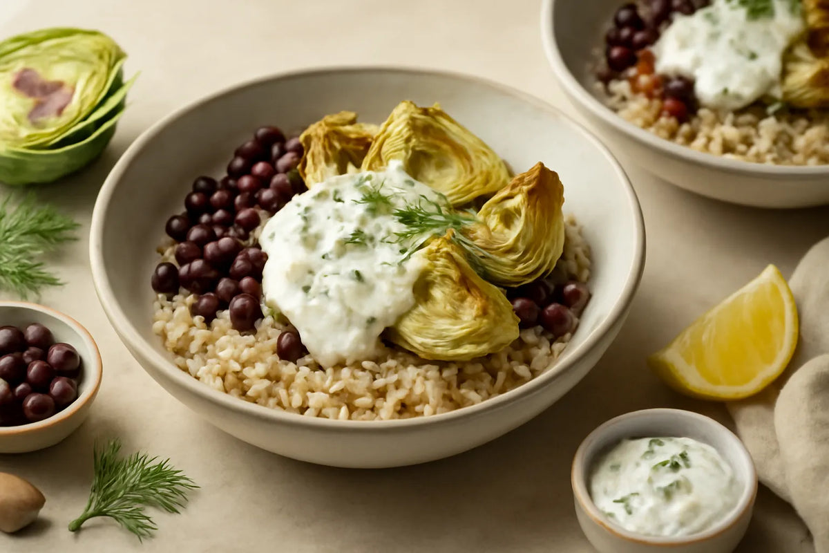 Bol de riz complet aux haricots azuki, artichaut et sauce au yaourt à l’aneth