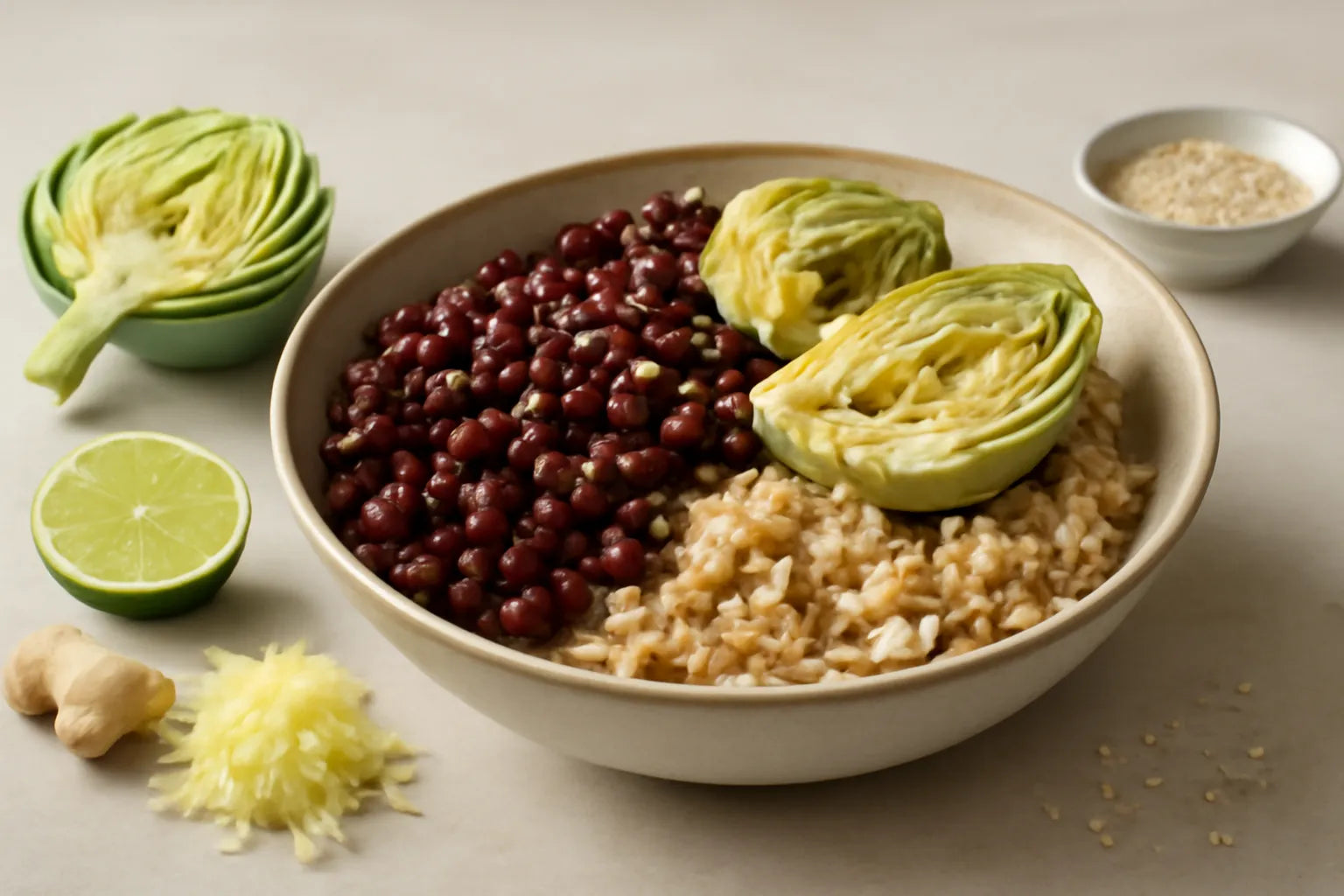 Bol de riz brun aux haricots azuki avec artichaut et sauce gingembre-sésame