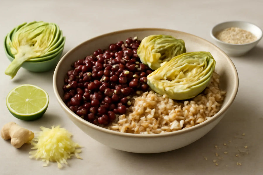 Bol de riz brun aux haricots azuki avec artichaut et sauce gingembre sésame