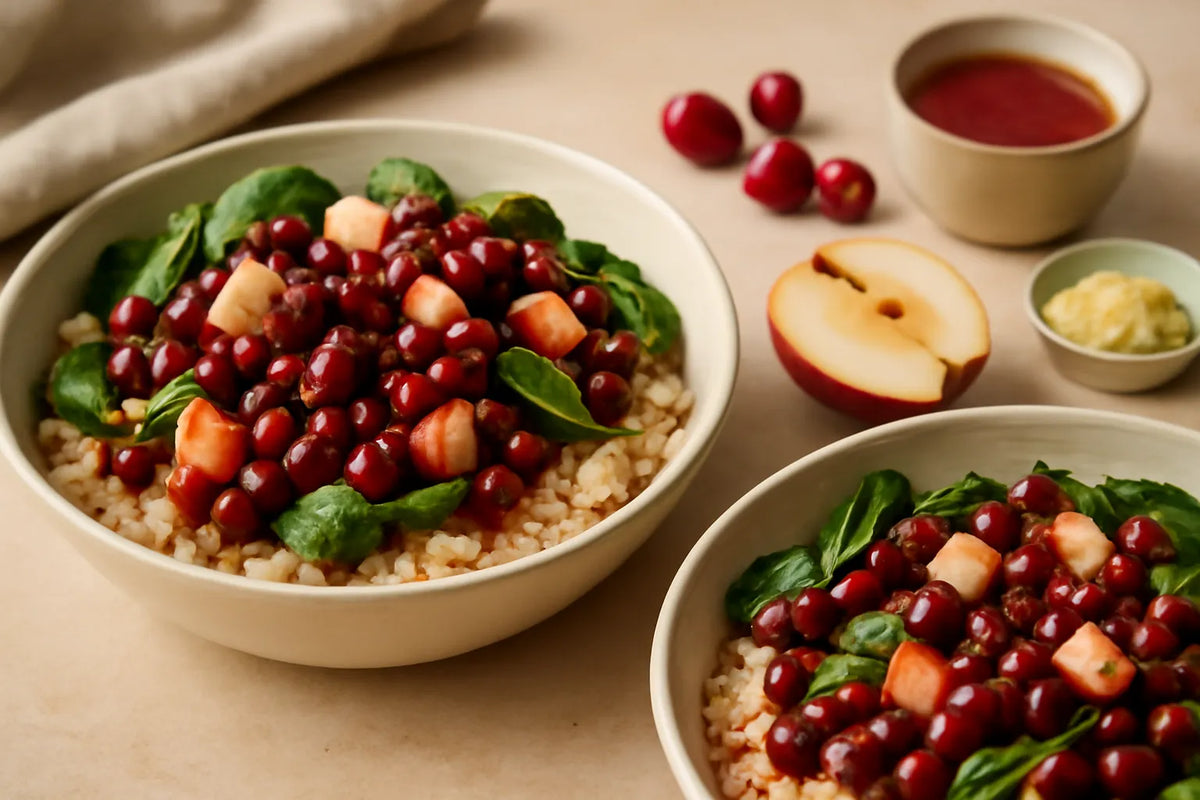 Bowl di fagioli azuki e riso integrale con salsa vinaigrette ai mirtilli rossi e aceto di mele