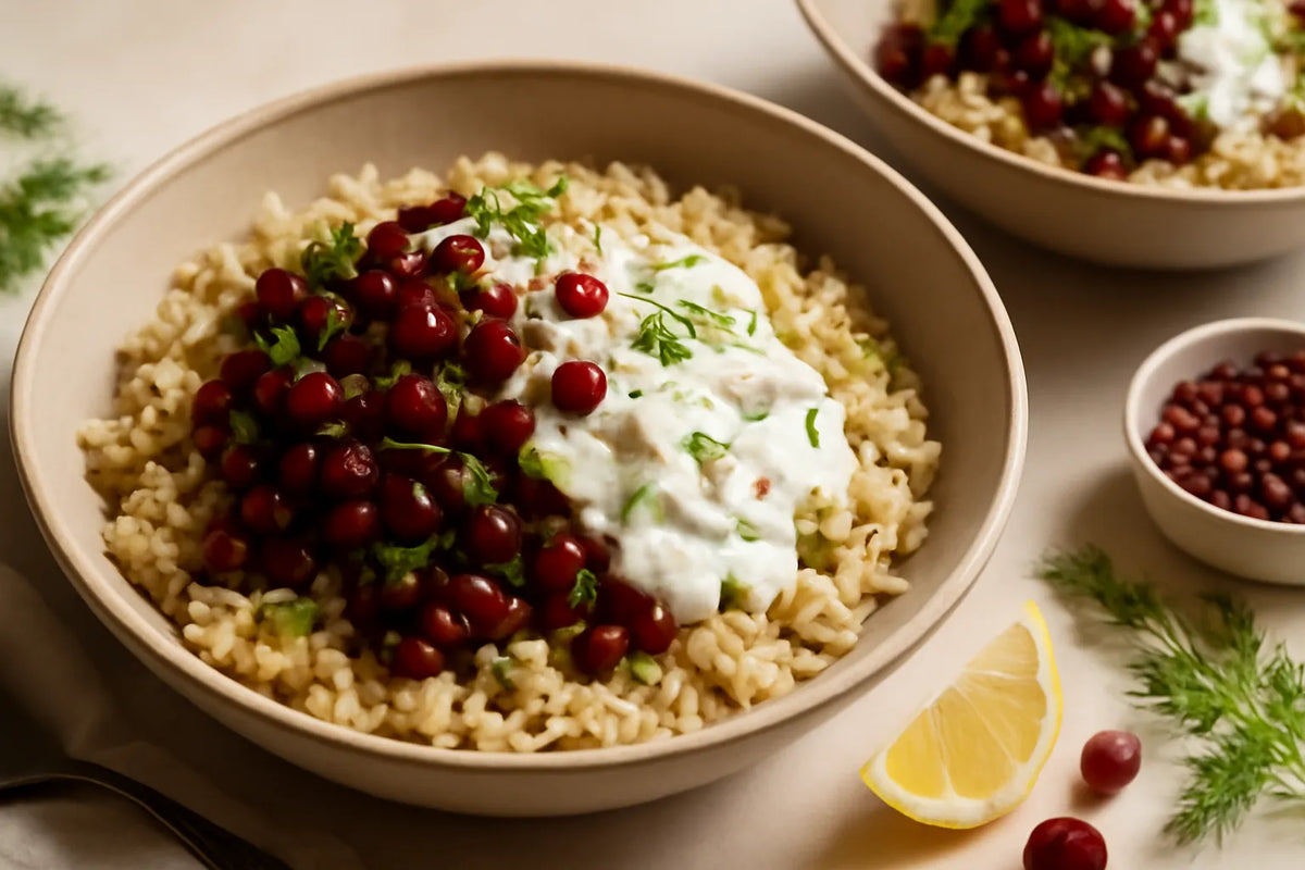 Bowl de riz complet aux haricots azuki, aux canneberges et à la sauce au yaourt et à l’aneth