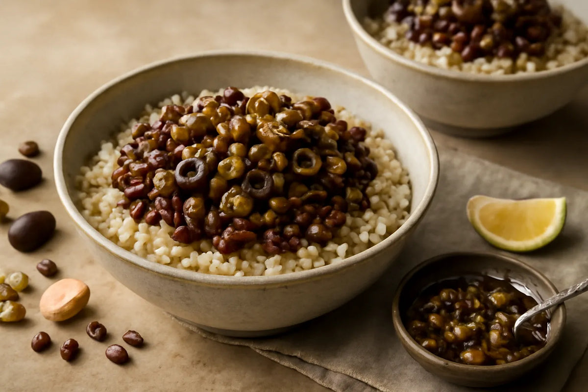 Bol de haricots azuki et de riz complet avec sauce aux olives et au cornichon fermenté