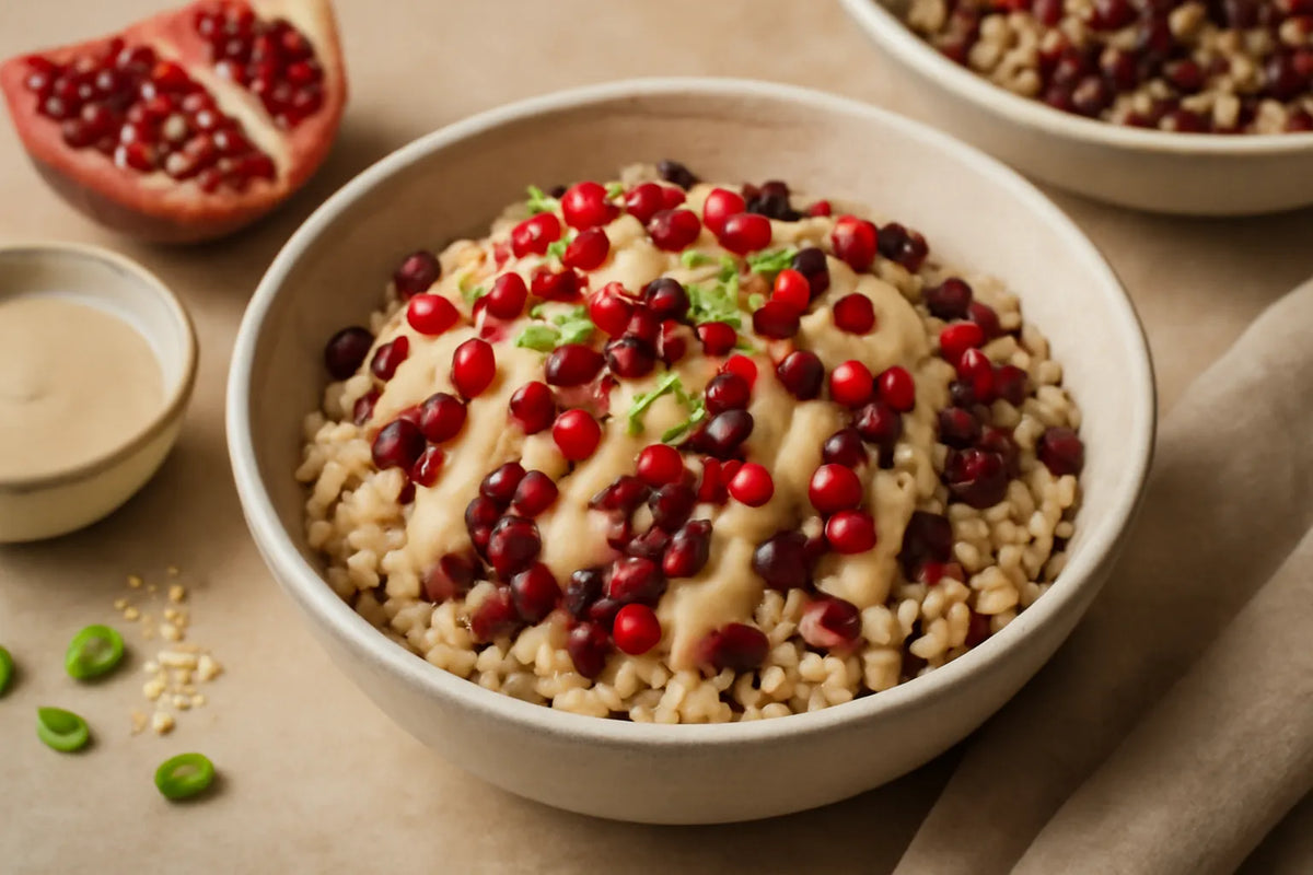Bowl de haricots azuki et de riz complet avec grenade et sauce miso-tahin