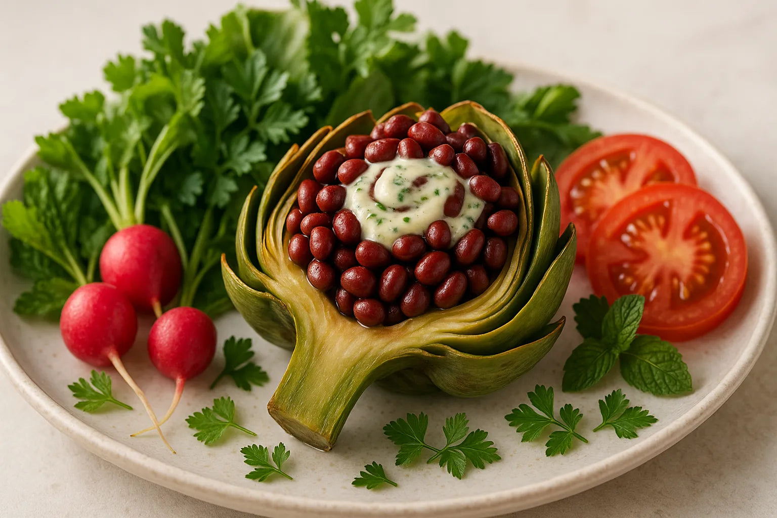 Adzuki Bean Stuffed Artichoke with Mint Tahini Drizzle