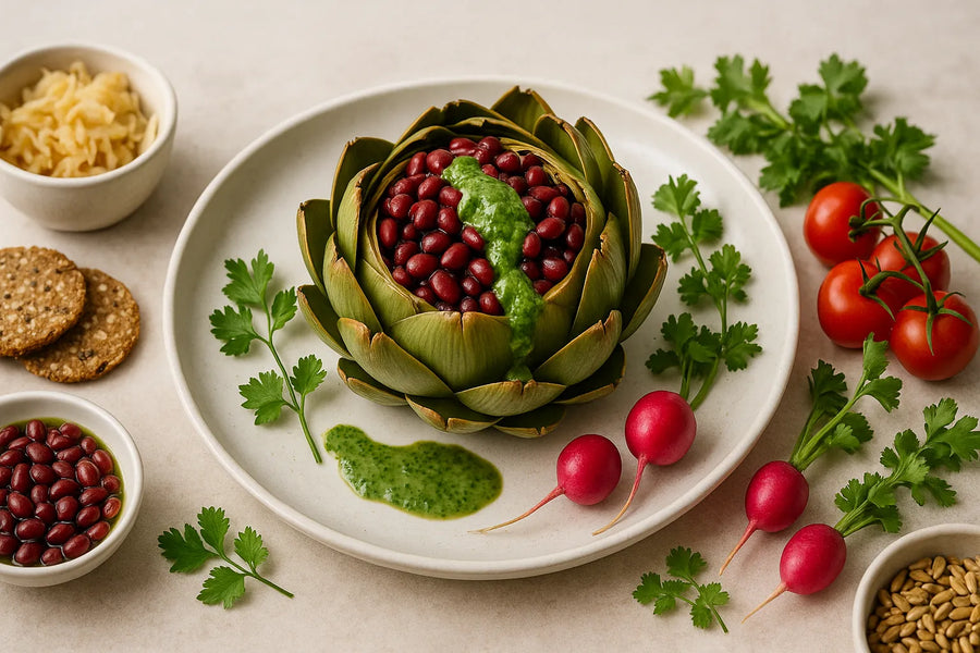 Adzuki Bean Stuffed Artichoke with Parsley Tahini Drizzle