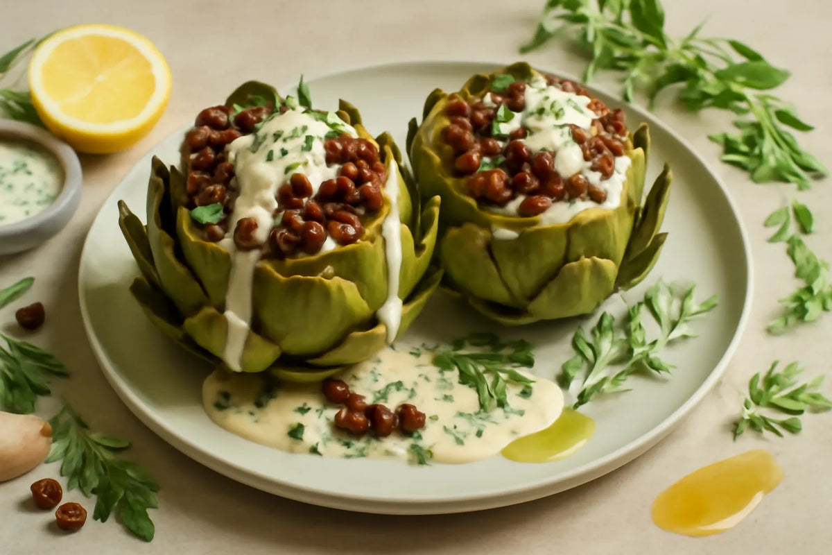Adzuki Bean Stuffed Artichoke with Tarragon Tahini Drizzle