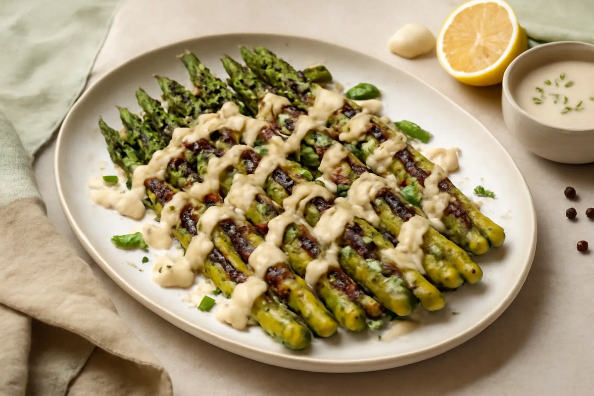 Asperges farcies aux haricots azuki, sauce tahini à la menthe