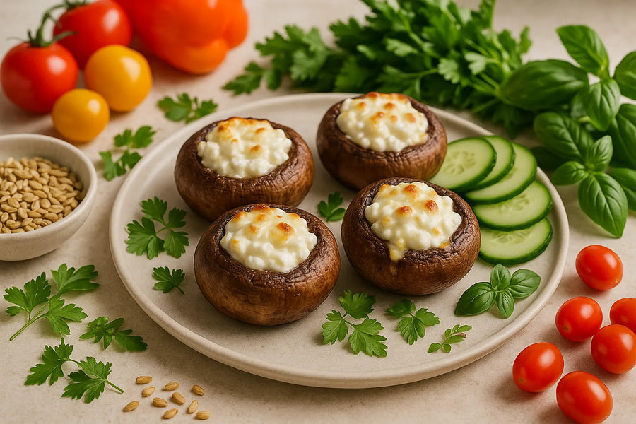 Air fryer mushrooms stuffed with cottage cheese