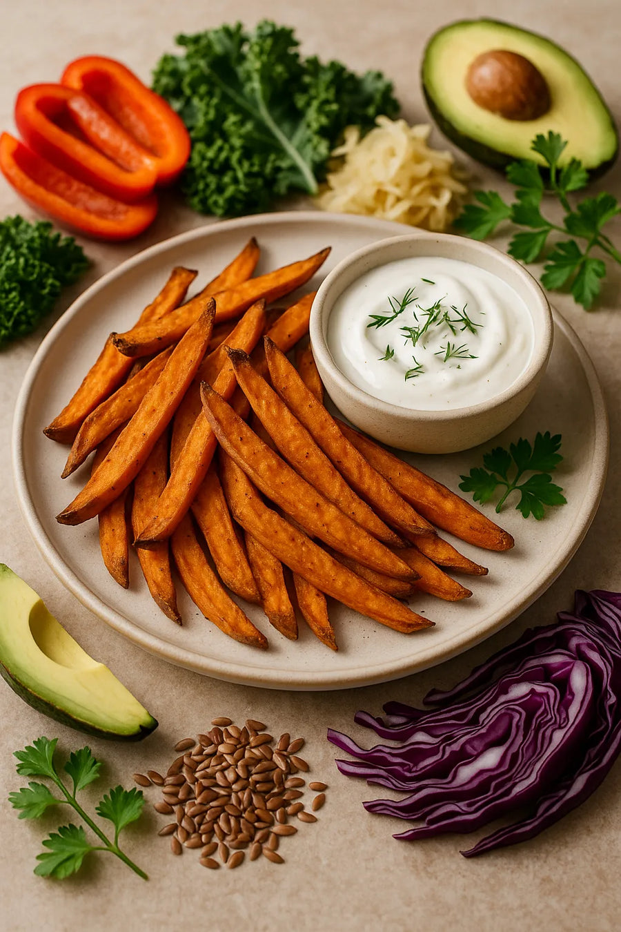 Air fryer sweet potato fries with yogurt dip