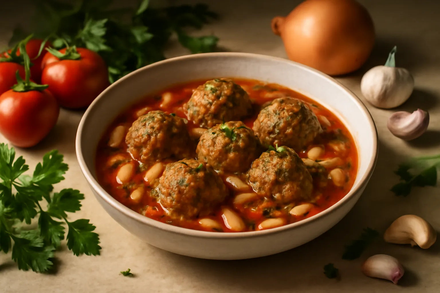 Boulettes d'albondigas aux haricots blancs et tomate