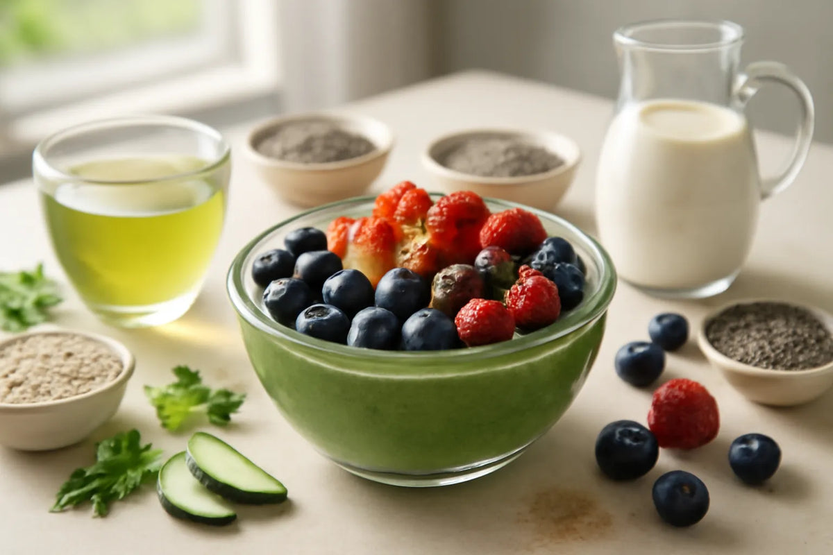 Tazón antiinflamatorio de té verde con bayas para el desayuno