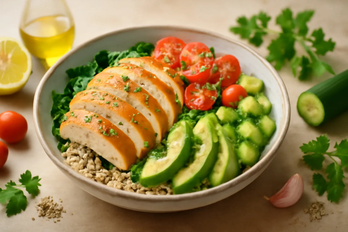 Bowl di pollo antinfiammatoria con olio d'oliva