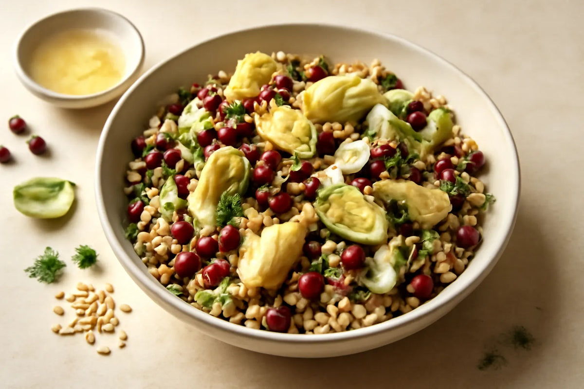 Salade van artisjok, adukibonen en zilvervliesrijst met gefermenteerde augurkdressing
