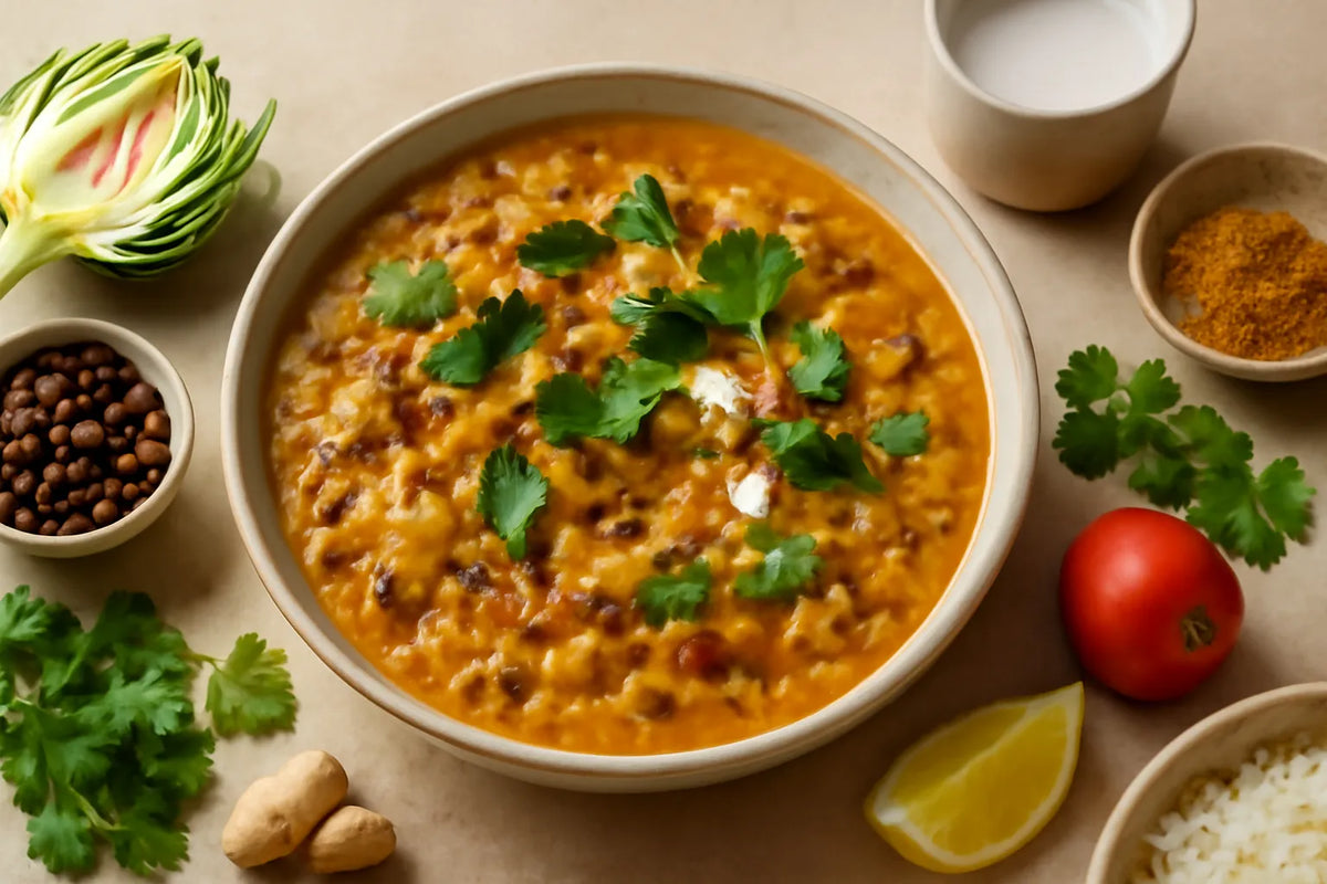 Dal d’artichauts et de haricots azuki aux feuilles de curry
