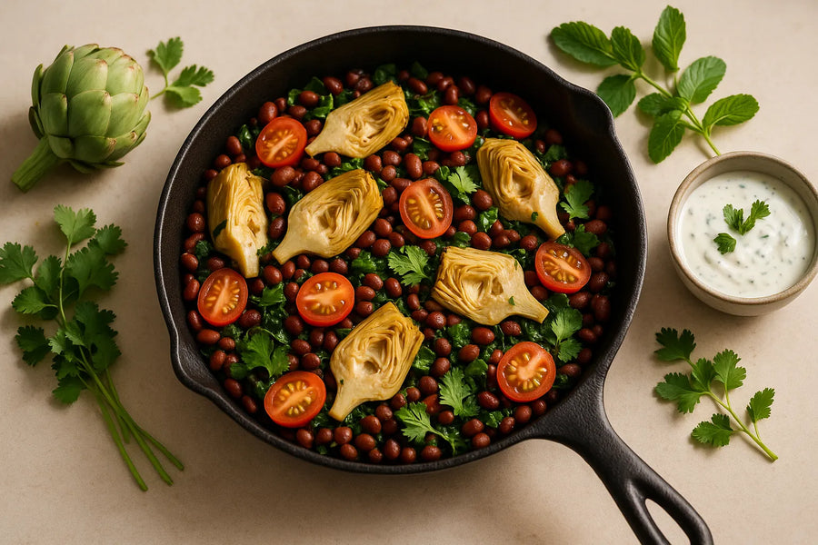 Artichoke Adzuki Bean Skillet with Yogurt Mint Sauce