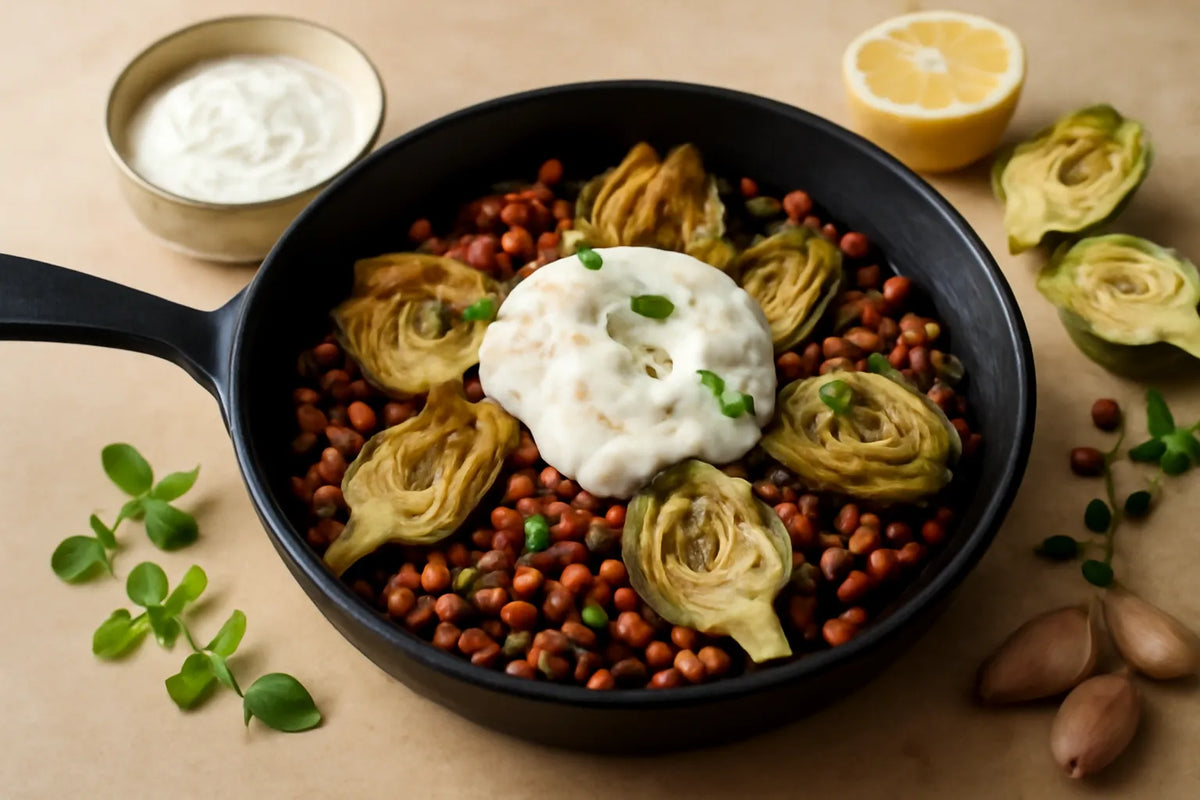 Poêlée d’artichauts et de haricots azuki, sauce au yaourt et à l’origan