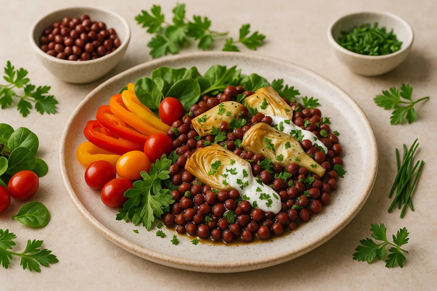 Artichoke Adzuki Bean Skillet with Yogurt Parsley Sauce