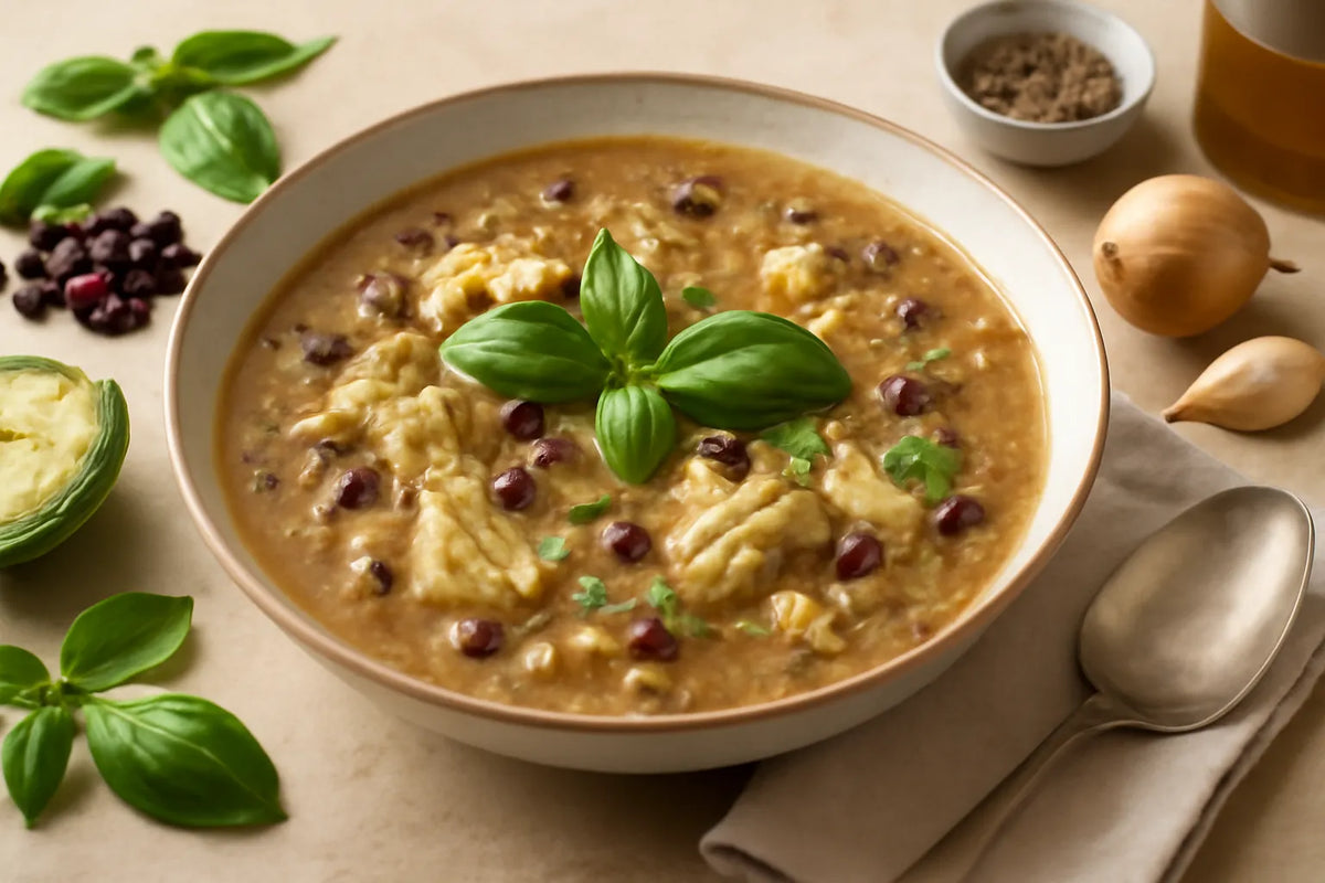 Soupe d’artichauts et de haricots azuki au basilic frais