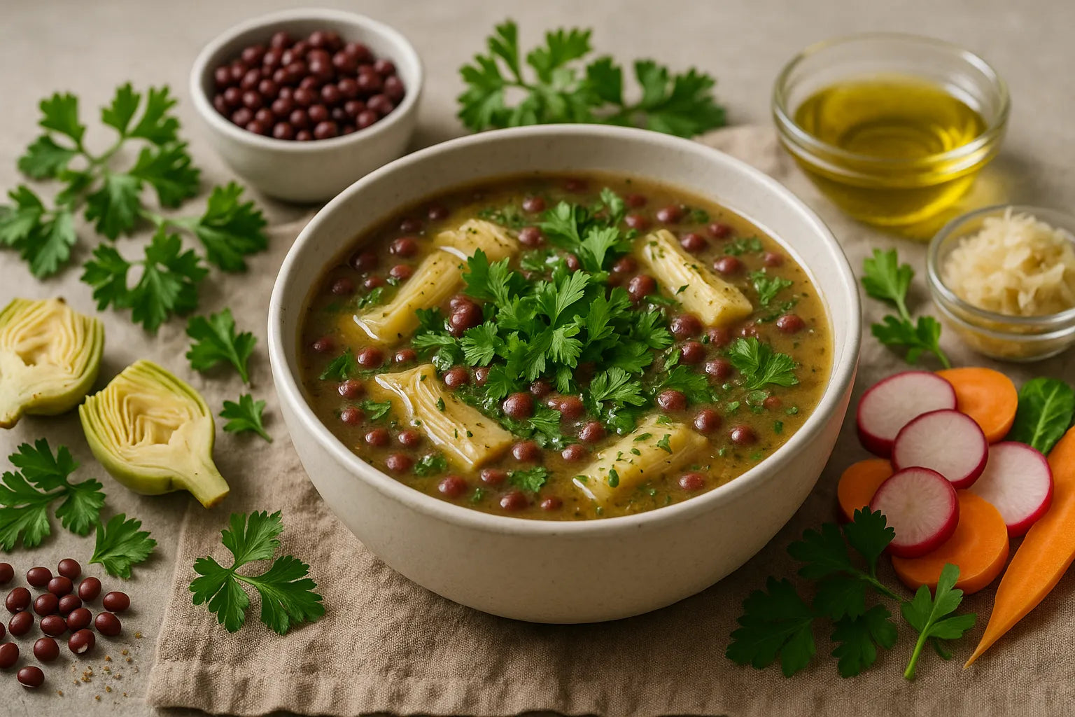 Artichoke Adzuki Bean Soup with Fresh Parsley