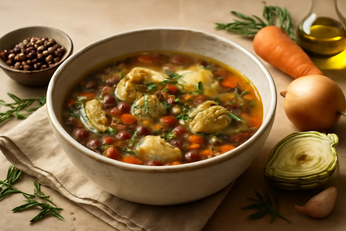 Zuppa di carciofi e fagioli azuki con dragoncello fresco