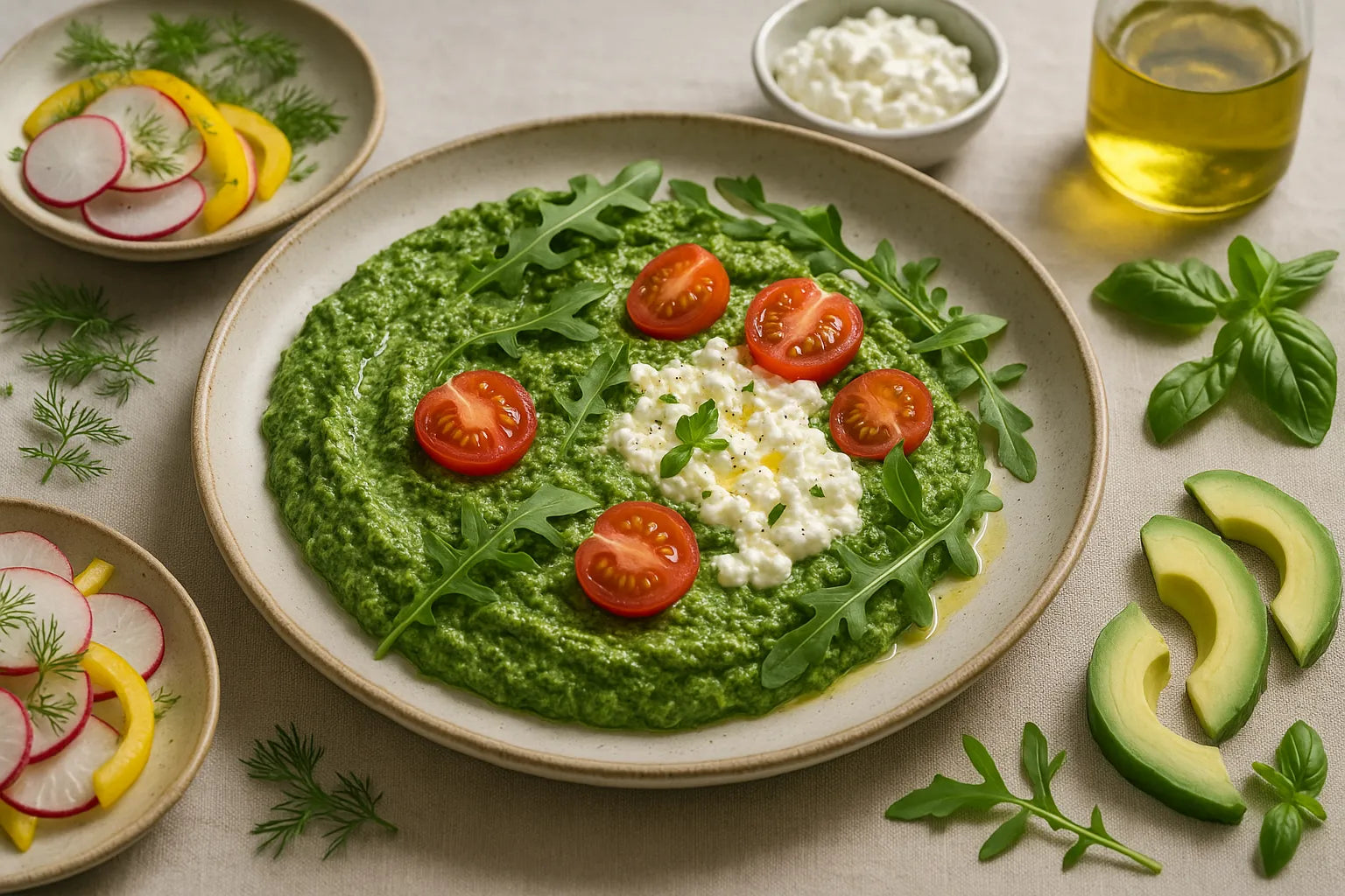 Arugula mash with tomato and cottage cheese