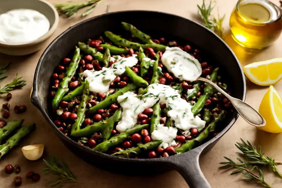 Asparagus Adzuki Bean Skillet with Yogurt Rosemary Sauce