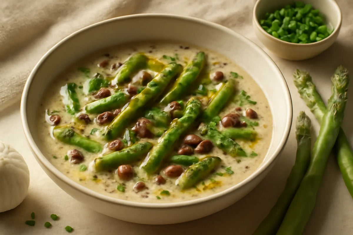 Spargel-Adzuki-Bohnen-Suppe mit frischem Schnittlauch