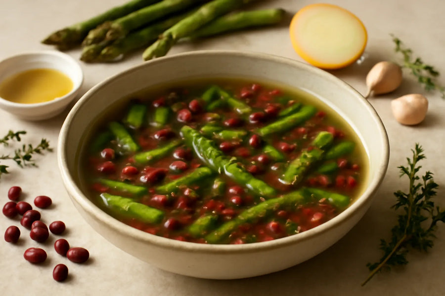 Soupe d’asperges et de haricots azuki au thym frais